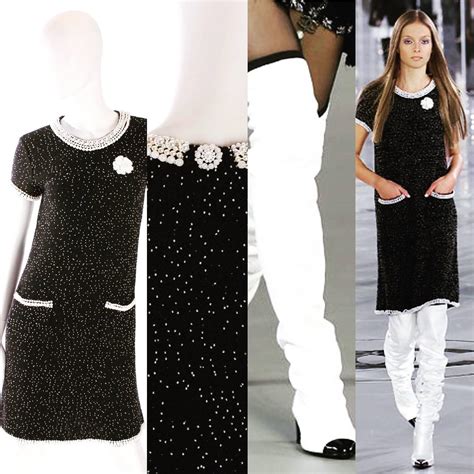 chanel black dress and pearls|Chanel black pearl earrings.